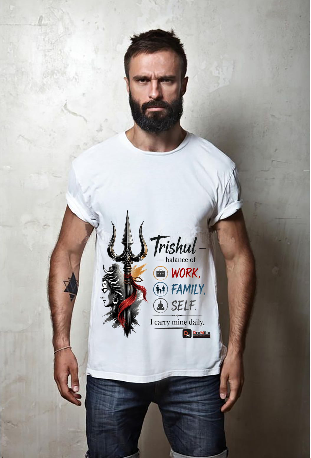 Man wearing a white t-shirt with a graphic design and text against a textured wall.

