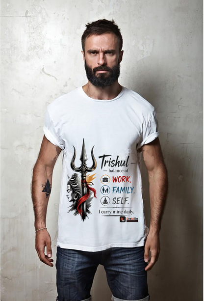 Man wearing a white t-shirt with a graphic design and text against a textured wall.

