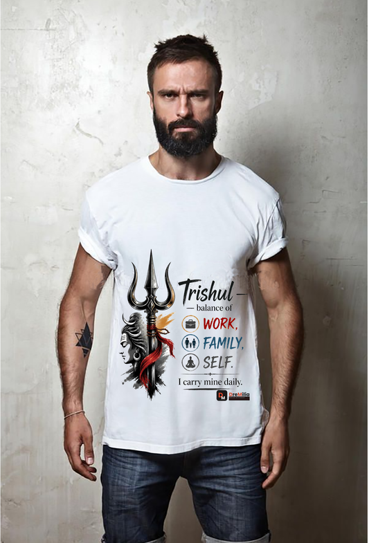 Man wearing a white t-shirt with a graphic design and text against a textured wall.

